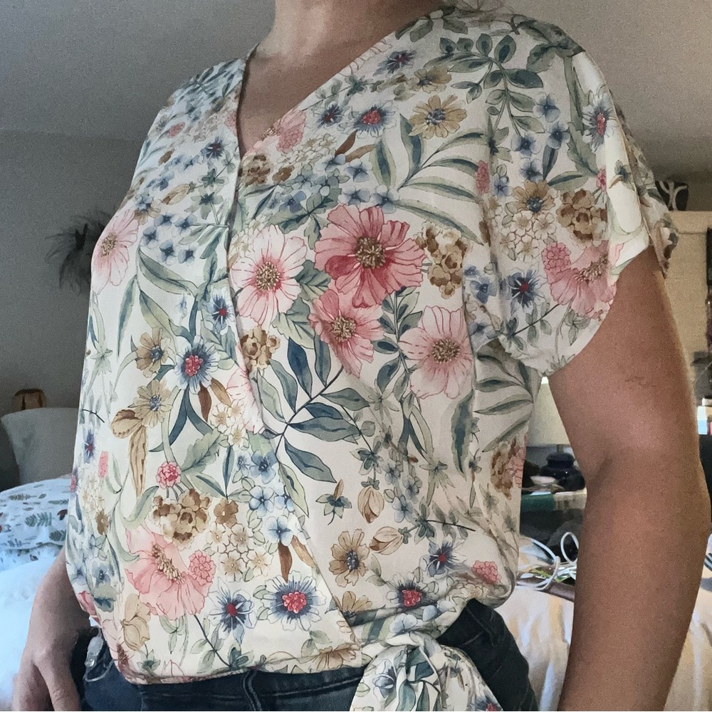 Floral mock-Wrap Blouse with Pink and Blue Accents